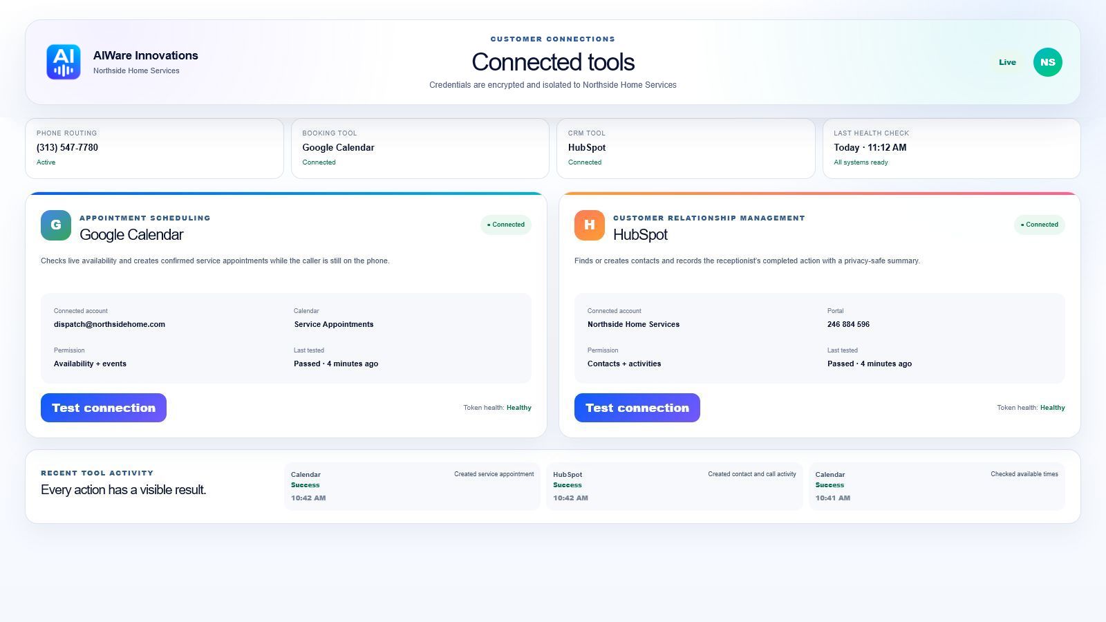 AIWare connections interface showing healthy Google Calendar and HubSpot integrations